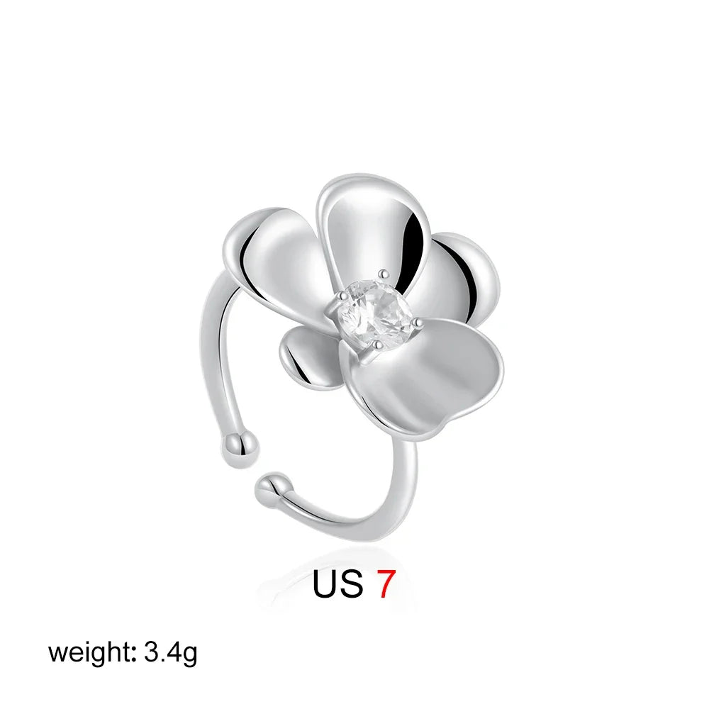 18K Gold Plated Stainless Steel Flower Zircon Petal Ring for Women Wedding Jewelry