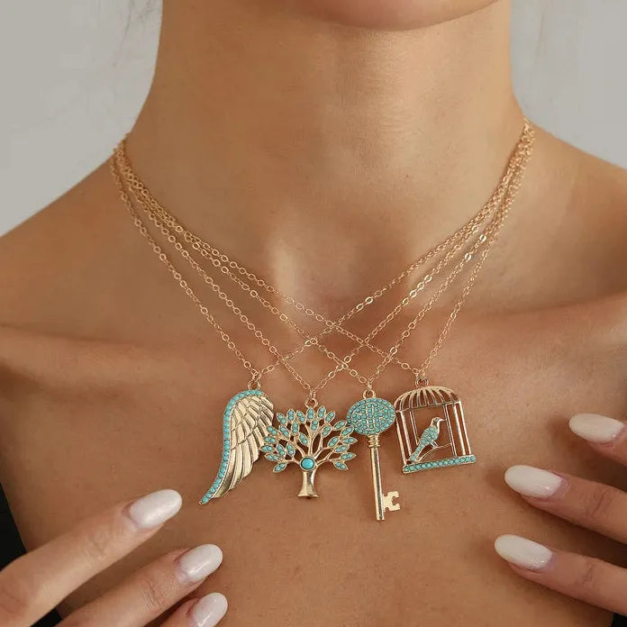 Adjustable Green Stone Pendant Necklace Zinc Alloy Birdcage Wing Key Gift