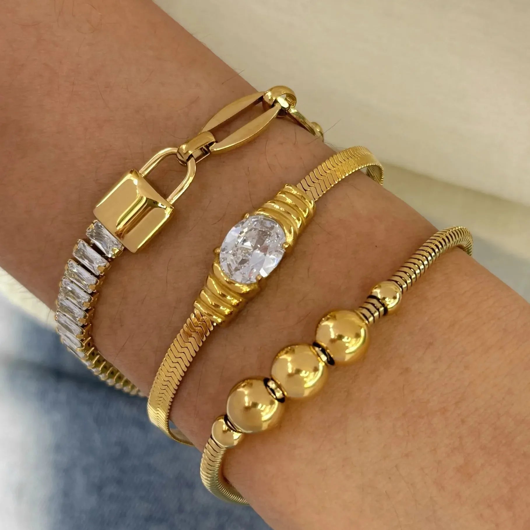 18K Gold Plated Stainless Steel Flat Snake Chain CZ Bracelet for Women Stylish