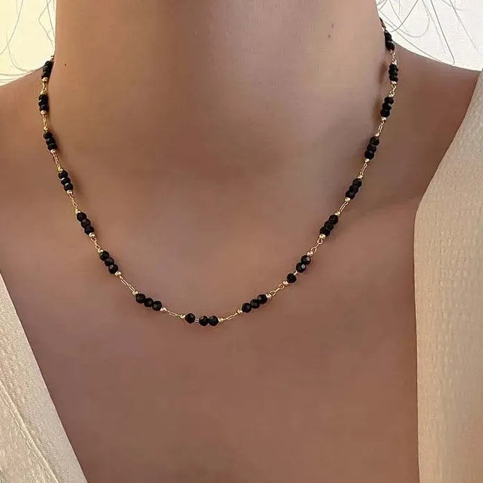 Vintage Black Crystal Glass Bead Chain Choker Necklace Women Handmade Jewelry