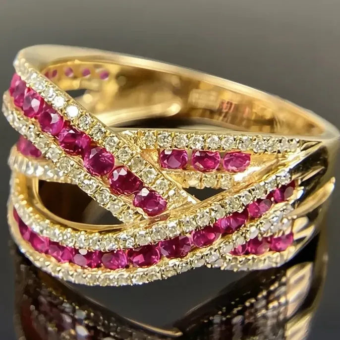 Gold Brass Geometric Cross Cocktail Ring with Cubic Zirconia for Women