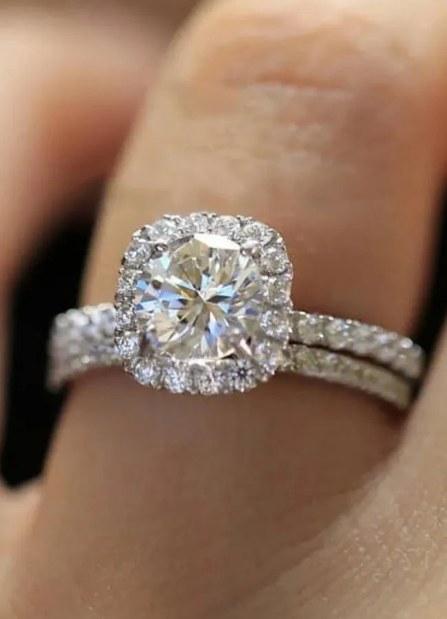 Silver CZ Round Square Rings for Women Elegant Engagement Wedding Party Jewelry