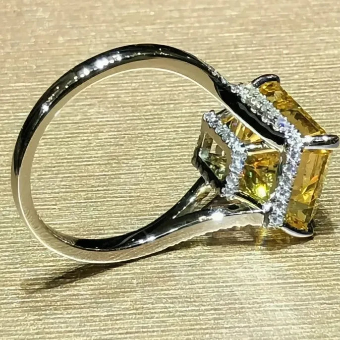 Yellow Square Cubic Zirconia Brass Women's Wedding Anniversary Ring Gift