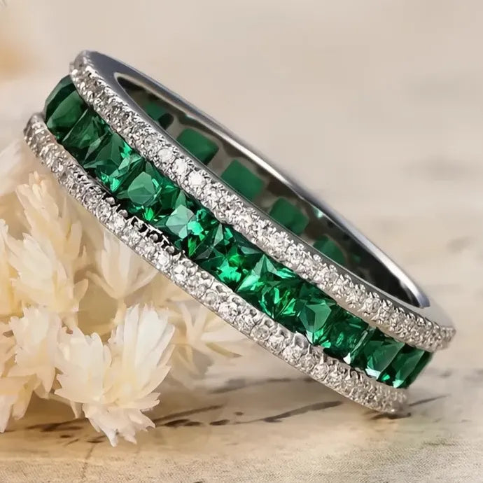 Women’s Geometric Wedding Ring Brass Band with Green Cubic Zirconia