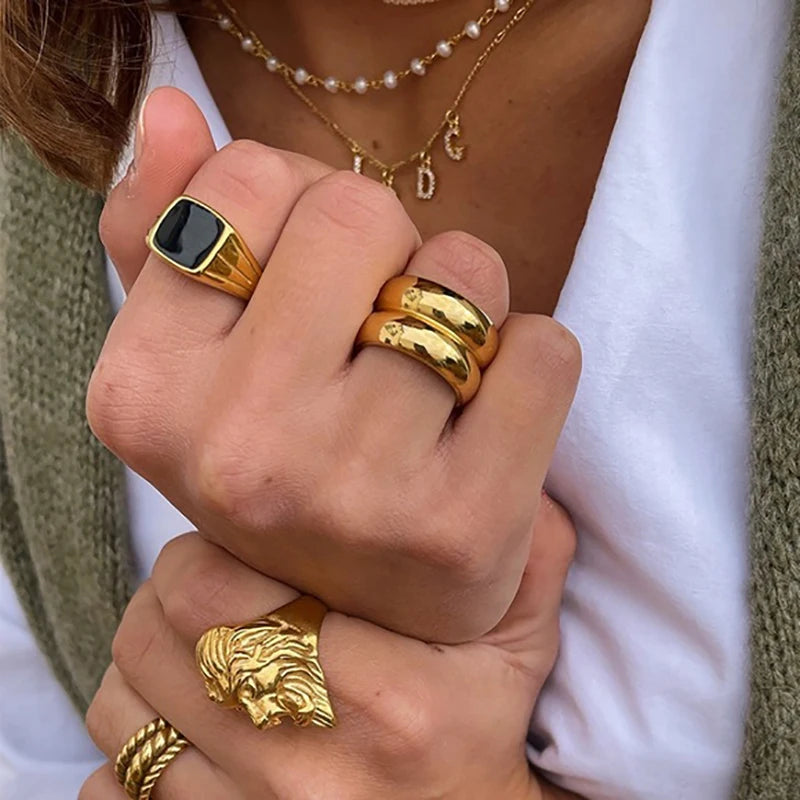 Punk Polished Bilayer Stainless Steel Chunky Rings for Women Gold Plated 2025