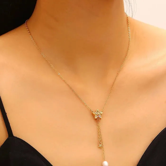 Zinc Alloy Star Zircon Stud Earrings with Bow Pearl Necklace & Bracelet Set