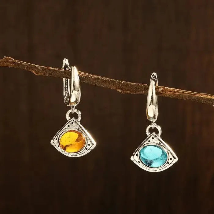 Silver Geometric Triangle Drop Earrings with Yellow & Blue Gemstones for Women