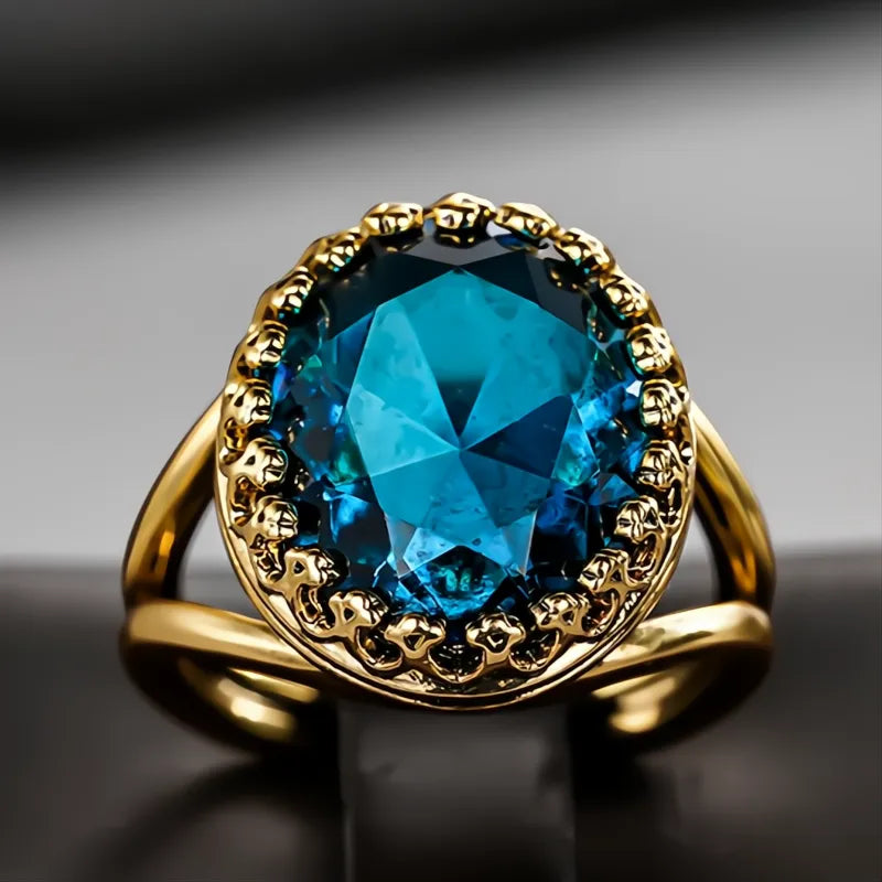 Luxury Gold Color Women Ring with Shiny Oval Blue Cubic Zirconia Elegant Wedding Jewelry