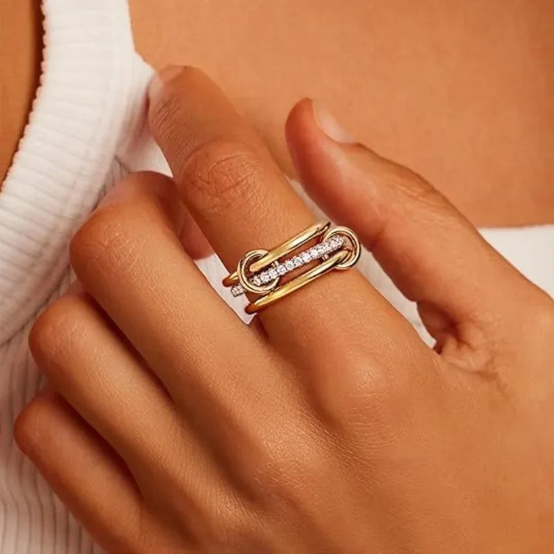 Copper Metal Double Color Three-Ring Set Micro Paved CZ Stackable Rings for Women