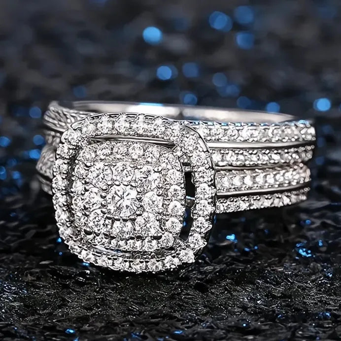 Elegant Classic Silver Brass Wedding Rings Set with Cubic Zirconia for Women