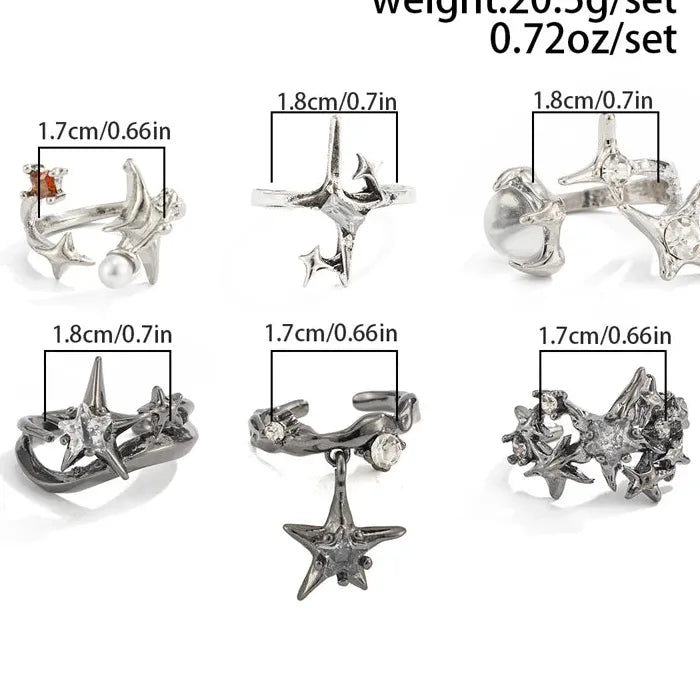 6Pcs Adjustable Metal Pentagram Star Rings Set Hip-Hop Punk Men Jewelry
