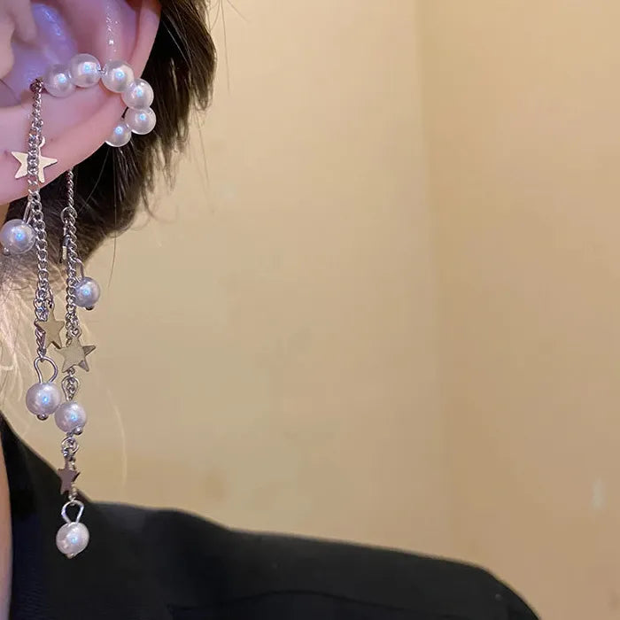 Adjustable Pearl Beaded Tassel Clip Earrings Non-Pierced Ear Cuff Gift
