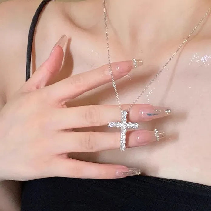 Stainless Steel Cross Pendant Necklace with Crystal Zircon for Women Men