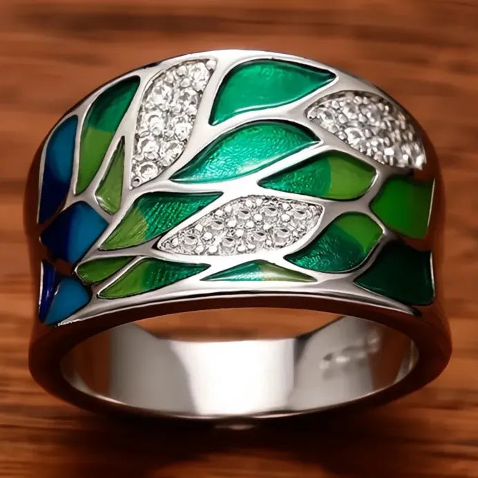 Bohemia Style Green Leaf Enamel Ring for Women Charming Birthday Gift