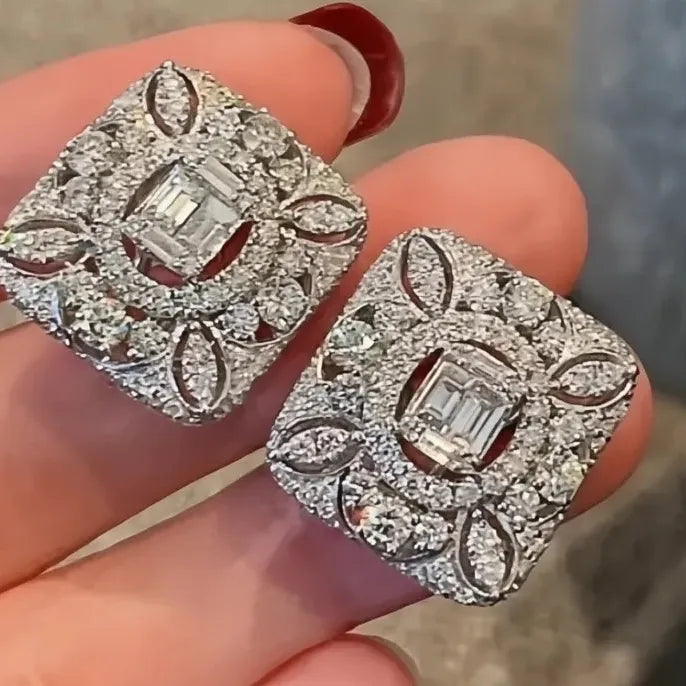 Geometric Cubic Zirconia Brass Stud Earrings for Women Wedding Party Gift