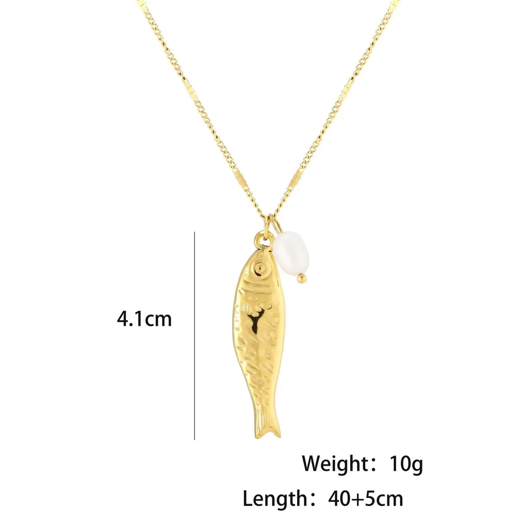 Vintage Stainless Steel Baroque Pearl Fish Pendant Necklace for Women Jewelry