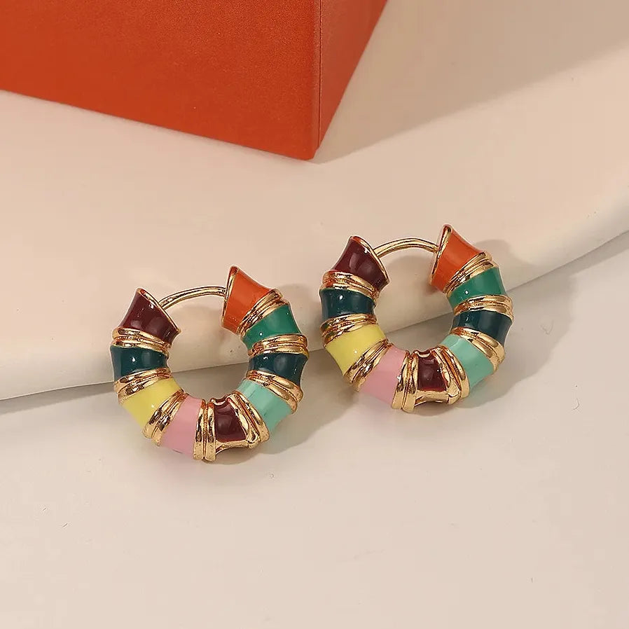 French Retro Enamel Gold Hoop Earrings 2025 Geometric Drop Jewelry Women