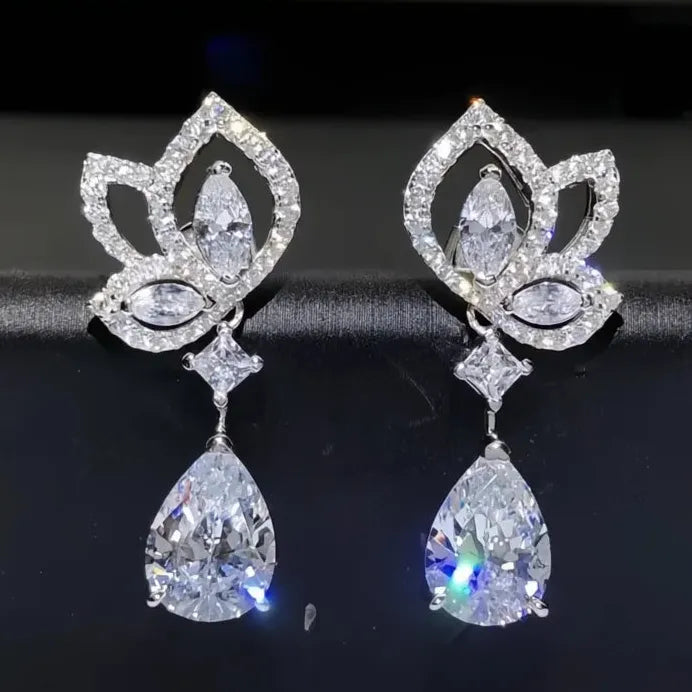 Geometric Flower Drop Earrings with Sparkling Cubic Zirconia for Women