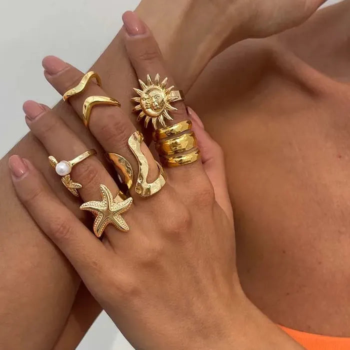 6Pcs Vintage Gold Starfish Sun Open Ring Set Punk Beach Jewelry