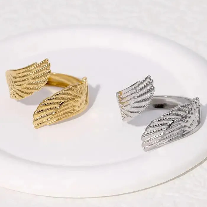 Stainless Steel Feather Ring Punk Gold Wide Edge Open Finger Jewelry Fashion