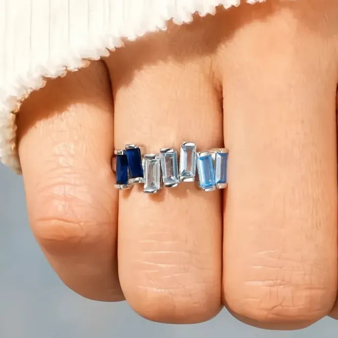 Geometric Blue Cubic Zirconia Brass Ring Chic Wedding Engagement Jewelry