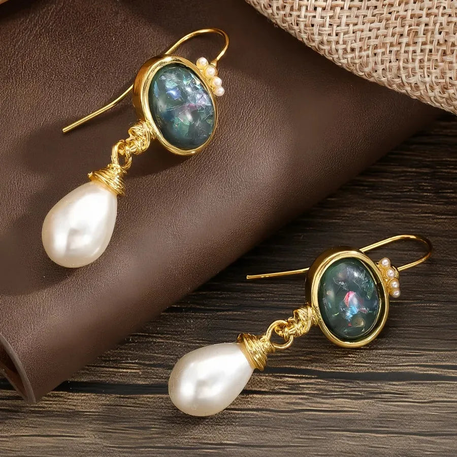 Gold Color Black Stone Round Geometry Drop Earrings for Women Pearl Dangle Jewelry