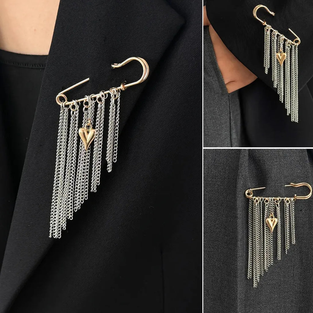 Gold Heart Pendant Brooch Pin with Multi-Layer Tassels for Women Zinc Alloy