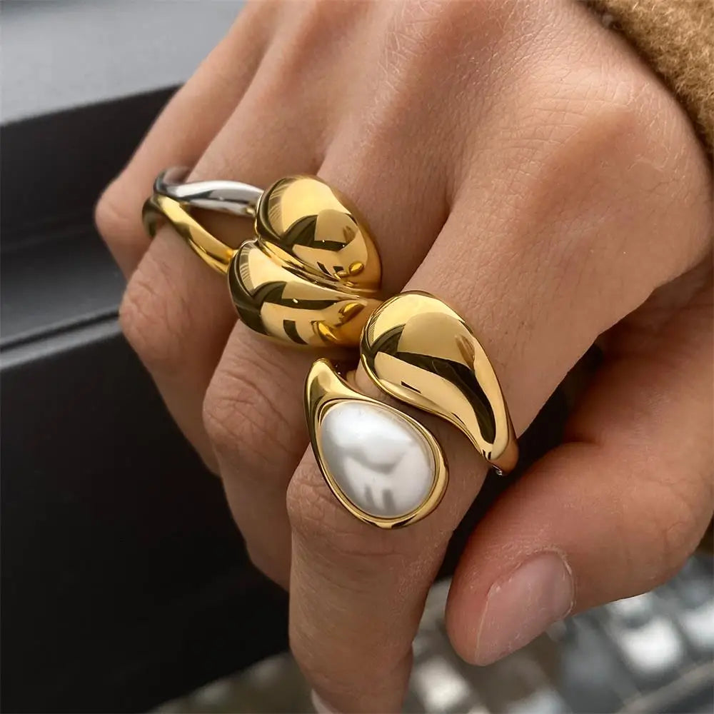 Vintage Dome Teardrop Waterdrop Pearl Ring 18K Gold Plated Stainless Steel Women