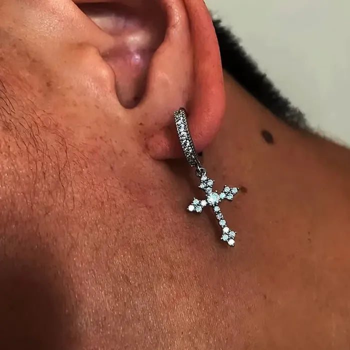 2Pcs Copper Cross Hoop Earrings for Men Women Rhinestone Jewelry
