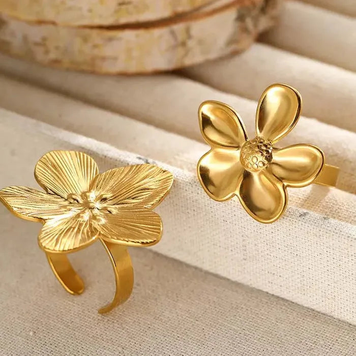 Adjustable Stainless Steel Flower Rings Set for Women Gold Tone Jewelry
