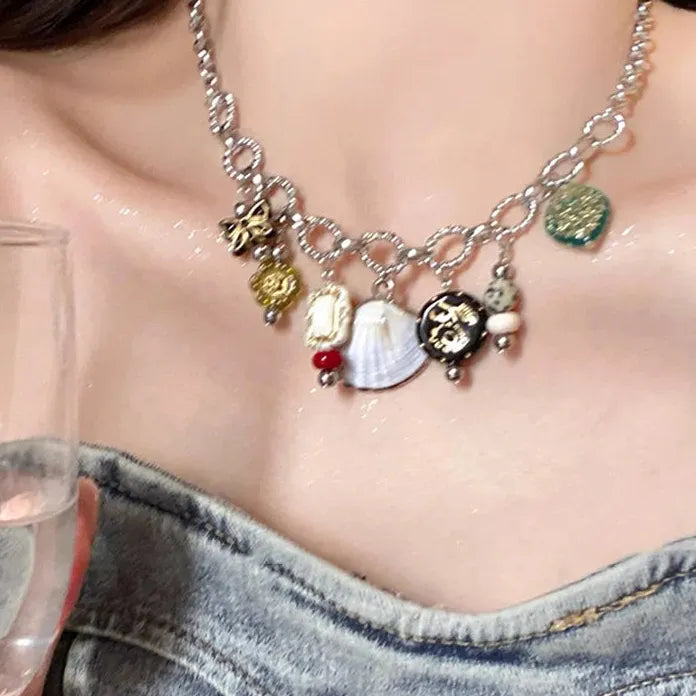 Vintage Zinc Alloy Rhinestone Butterfly Shell Choker Necklace with Tassel