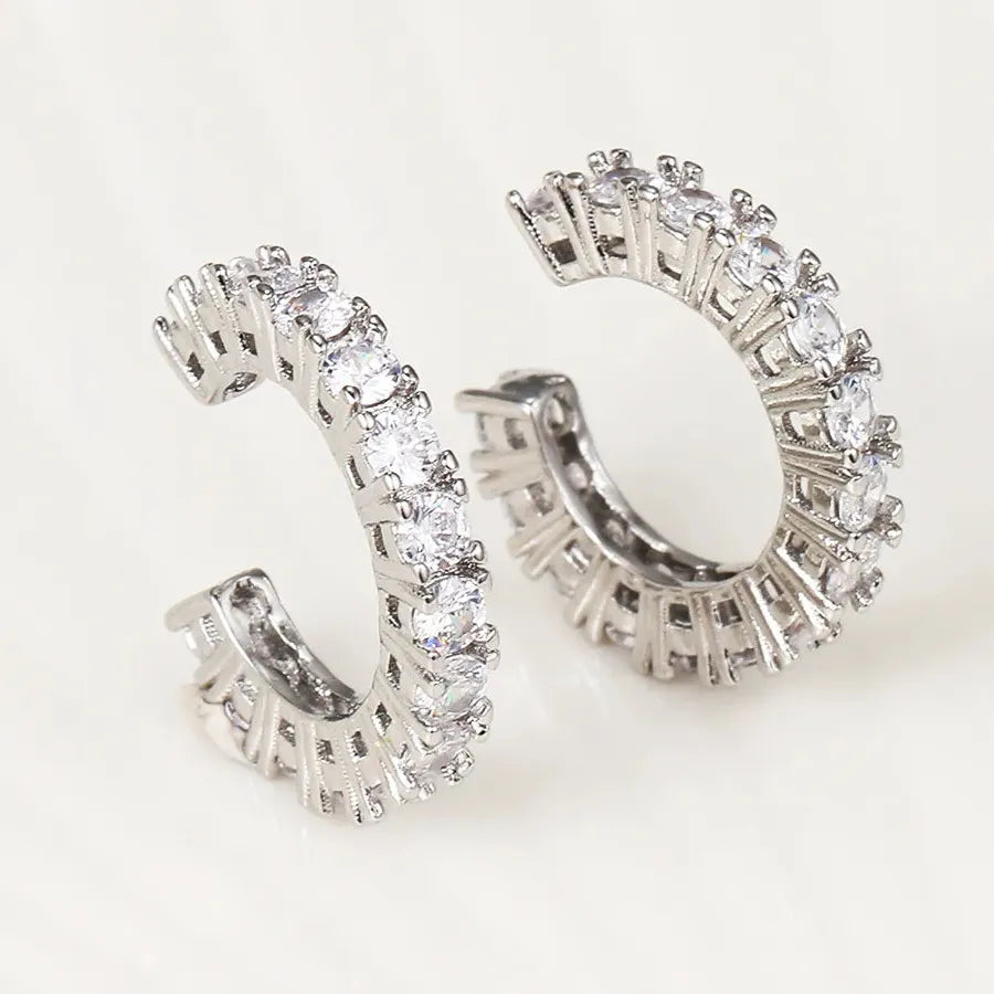 2Pcs Zinc Alloy Full Rhinestone Geometric C Shape Clip Earrings Women