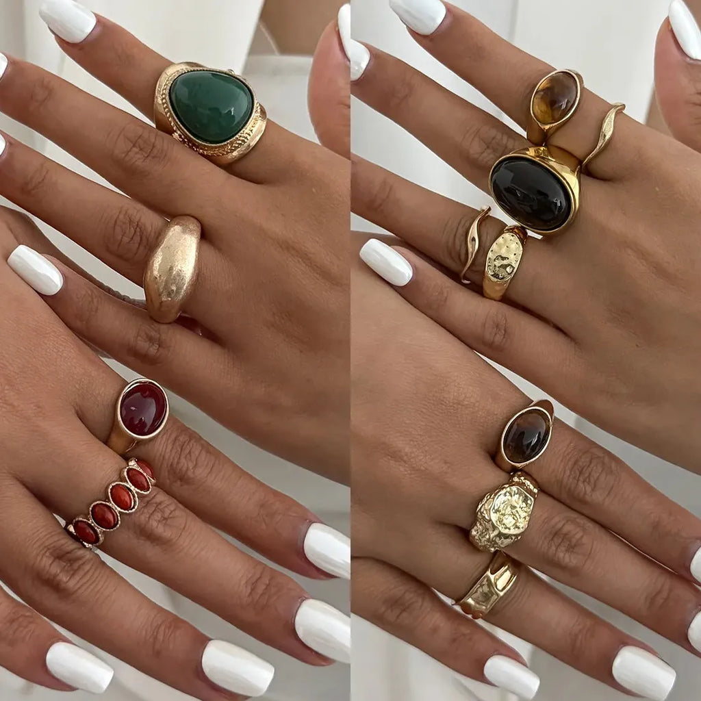 8Pcs Vintage Brown Geometric Stone Open Rings Set for Women Fashion Jewelry