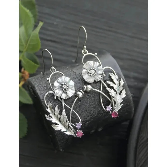 Vintage Zinc Alloy Leaf Drop Earrings with Red Stone Inlay for Women