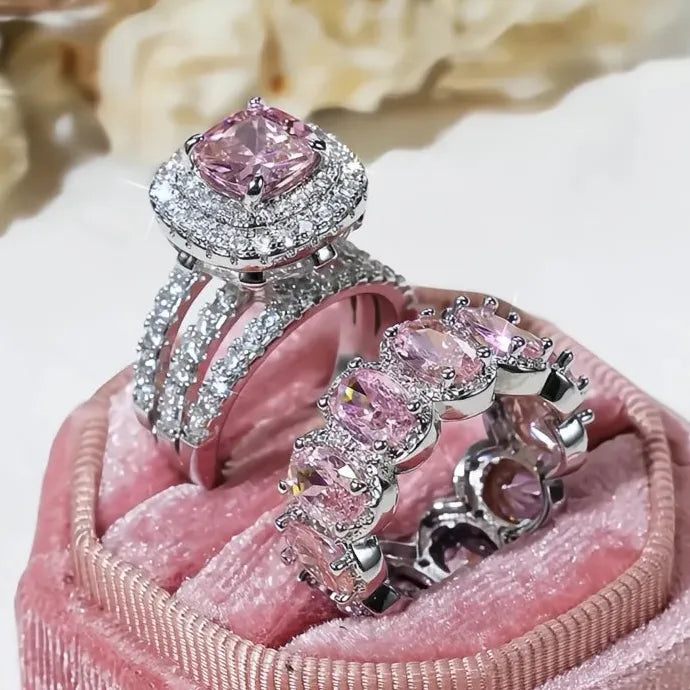 2Pcs Women’s Wedding Rings Set Brass Cubic Zirconia Geometric Bridal Jewelry