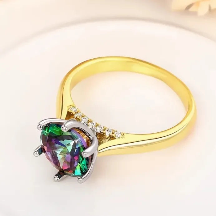 Two Tone Brass Women’s Ring with Multicolor CZ Inlay for Special Occasion