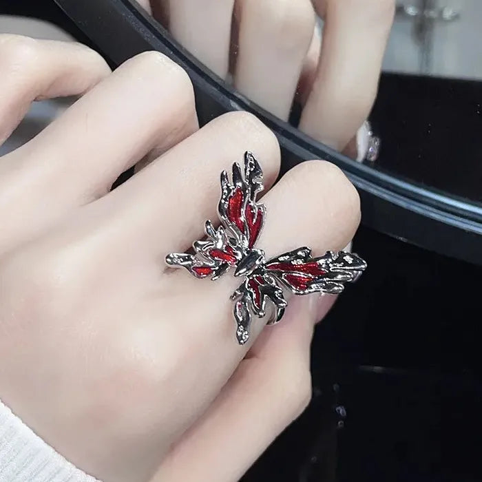 Gothic Butterfly Ring with Red Drop Glaze for Women Men Party Gift