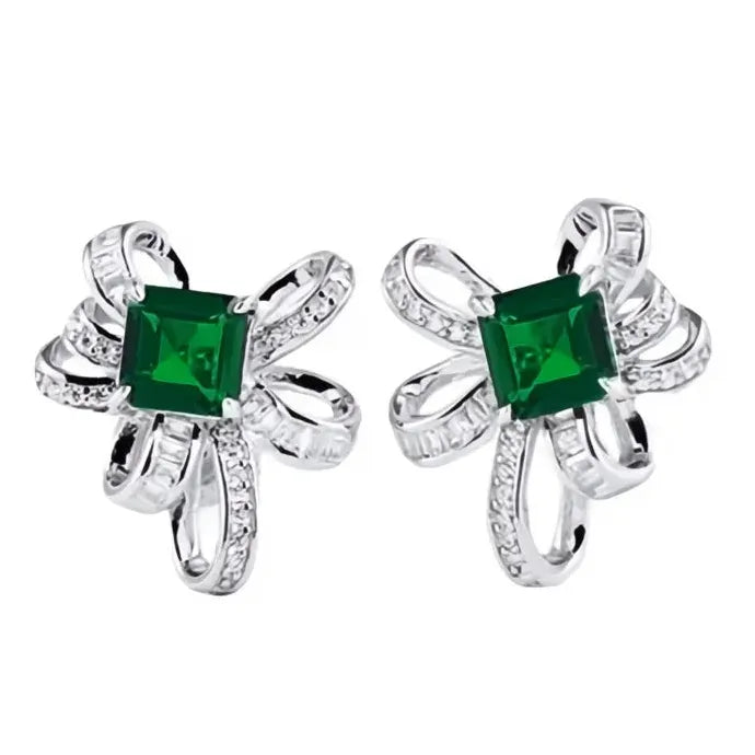 Knot Design Women’s Copper Alloy Stud Earrings with Green CZ for Wedding Party