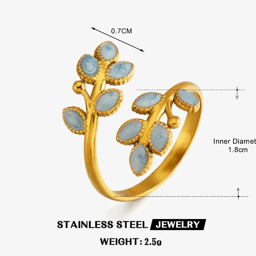 Gold Stainless Steel Leaf Cocktail Rings for Women Vintage Red Blue Green Jewelry