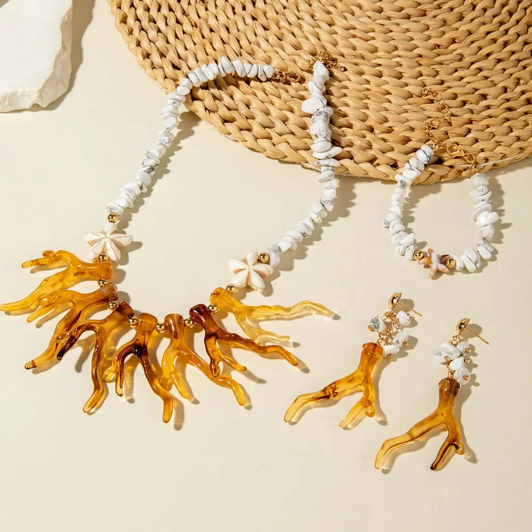 Bohemian Coral Beaded Necklace Set Starfish Earrings for Women Jewelry