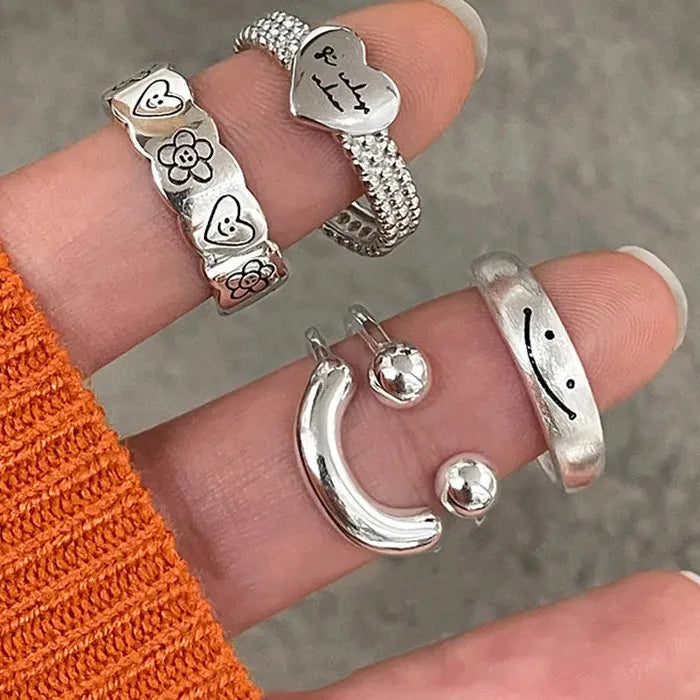 Adjustable Silver Smile Shape Ring for Women Vintage Jewelry Gift Fashion