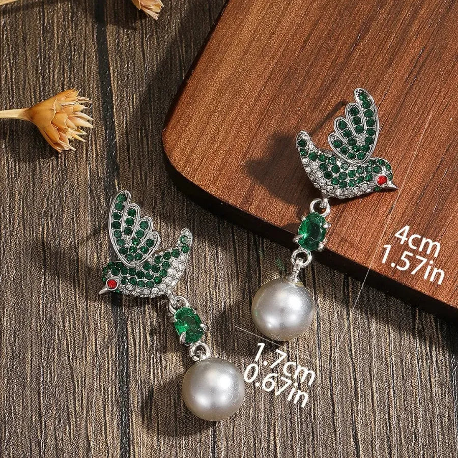 Simulated Pearl Bird Stud Earrings with Crystal Cubic Zirconia for Women Girls