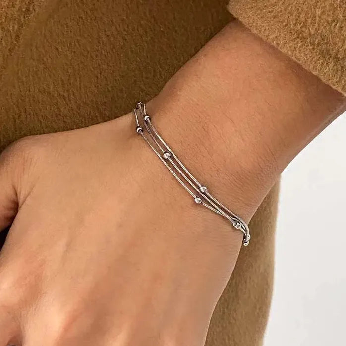 Stainless Steel Gold Beaded Round Multilayer Chain Bracelet for Women Fashion Jewelry
