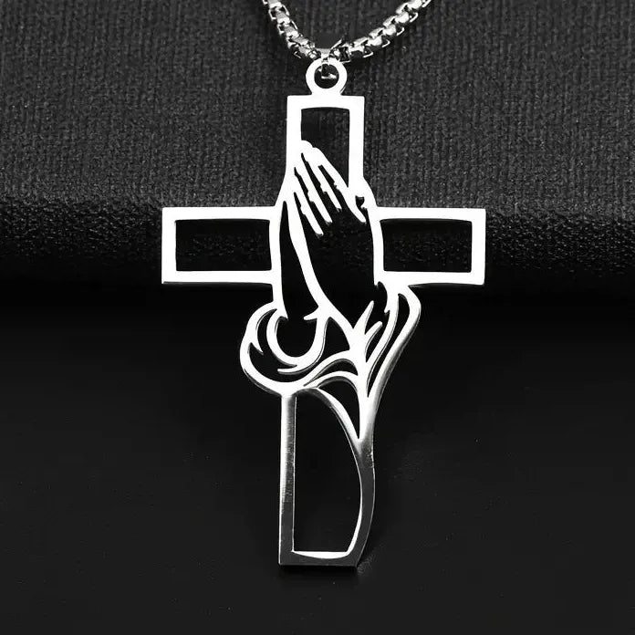 Stainless Steel Cross Pendant Necklace Men Hiphop Punk Pray Hands Gift