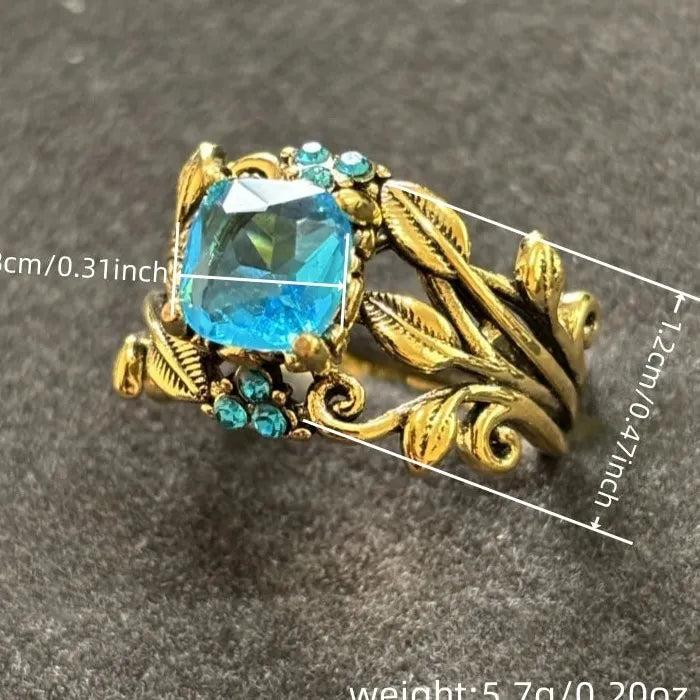 Vintage Blue Crystal Zircon Ring Gold Petals Bohemian Women's Wedding Jewelry