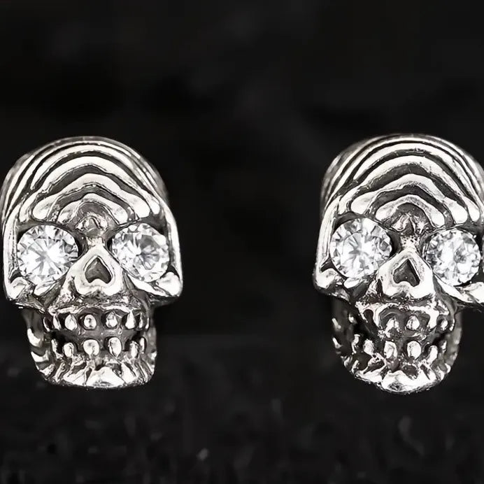 Neo-Gothic Women Skull Stud Earrings with White & Red Cubic Zirconia