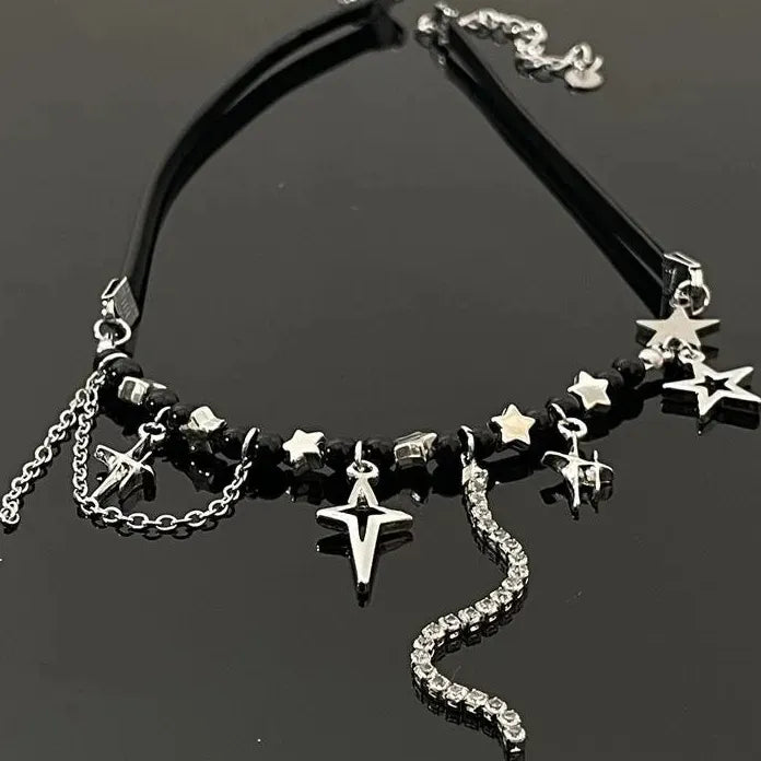 2026 Star Rhinestone Tassel Leather Choker Necklace Black Beads Y2K
