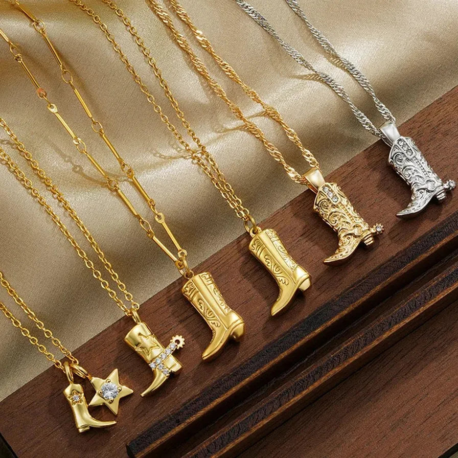 316 Stainless Steel Cowboy Boot Pendant Necklace 18K Gold Plated Gift Jewelry