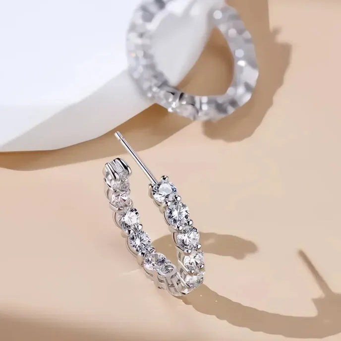 Silver Geometric Hoop Earrings for Women, Copper Alloy with Cubic Zirconia, Trendy Wedding Party Jewelry