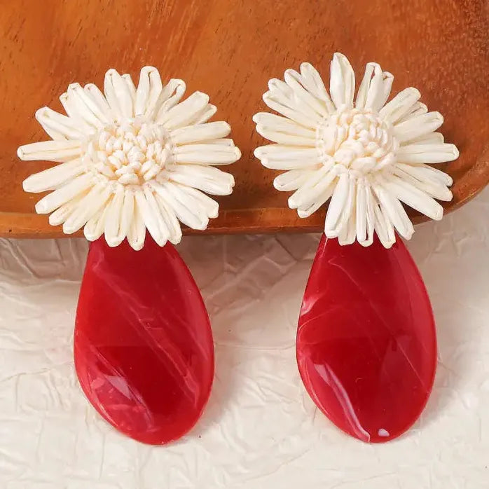 Red Geometric Acrylic Oval Drop Earrings Women Vintage Knitted White Flower Jewelry